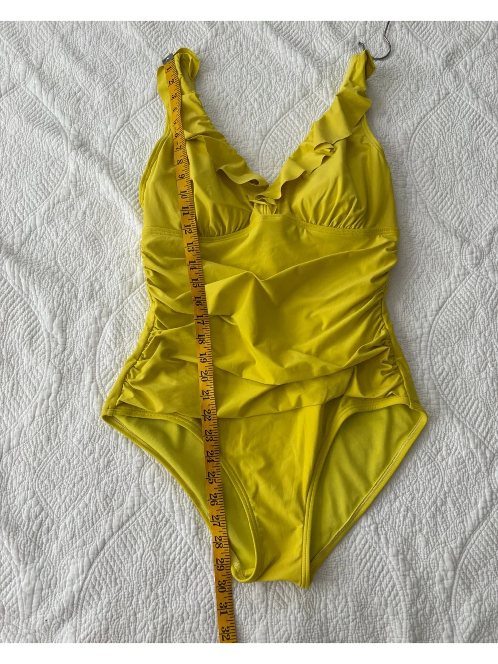 DKNY Ruffle Plunge Underwire Tummy Control Swimsuit. Bright Yellow size Large
